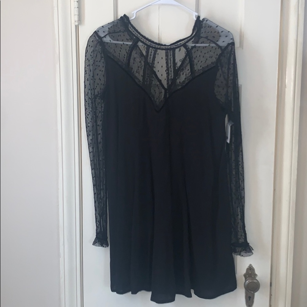 UO Black long sleeve polka dot mesh dress